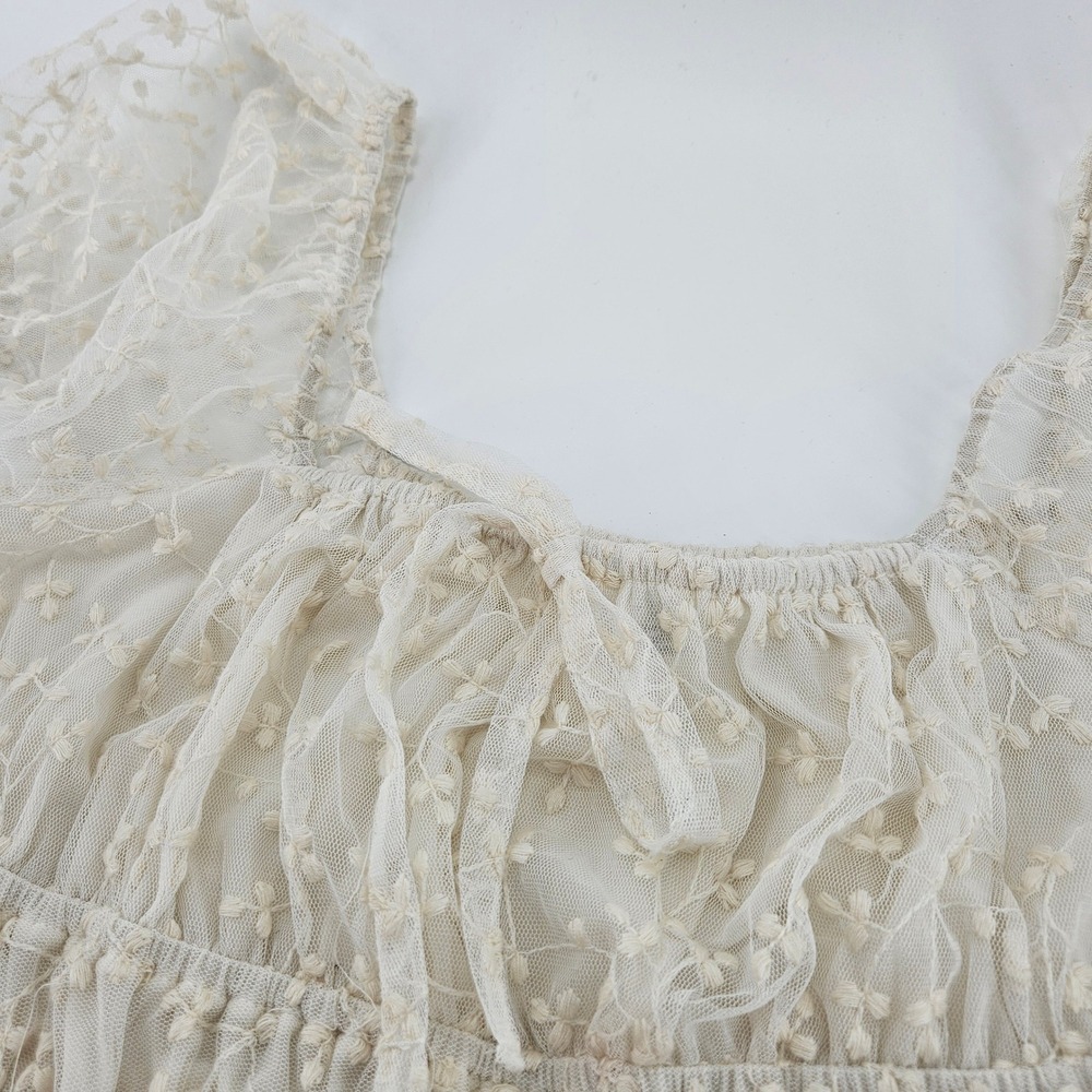 Coquette Sheer Mesh Puff Sleeve Ruched Top Blouse Going Out Large Fairy Milkmaid - Picture 3 of 8